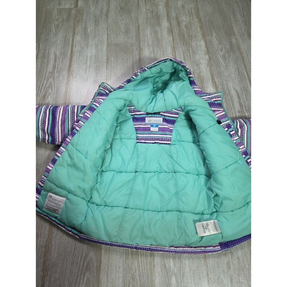 Columbia Girls Hooded Puffer Jacket Purple Teal Stripe Insulated Winter Coat XS - Picture 7 of 12
